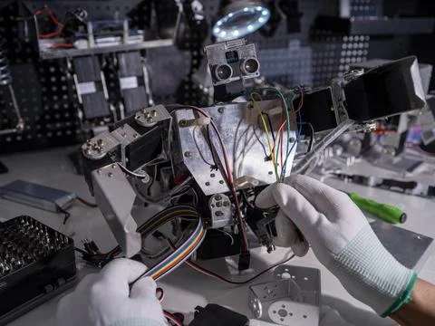 Repair the robot on the workbench 스톡 사진