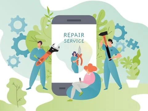 Repair service app concept vector illustration, cartoon flat tiny worker people Stock Illustration
