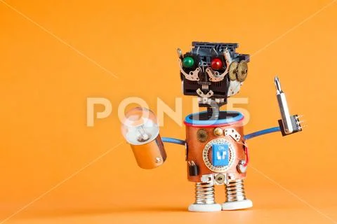 Repair service concept. Retro style robot handyman with screwdriver, lamp bulb Stock Photos
