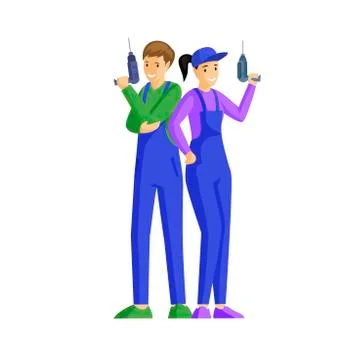 Repair service workers flat vector illustration. Repairman in overalls holding Stock Illustration