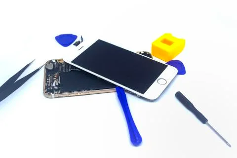 Repair smartphone with tools, isolate, smartphone damage need to repair Stock Photos