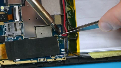 Repair tablet.Soldering the wires.Primaeval wire on the chip. Stock-Footage 133734713