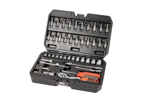 Repair tool set in an open plastic case on a white background Stock Photos