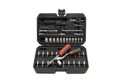 Repair tool set in an open plastic case on a white background Stock Photos