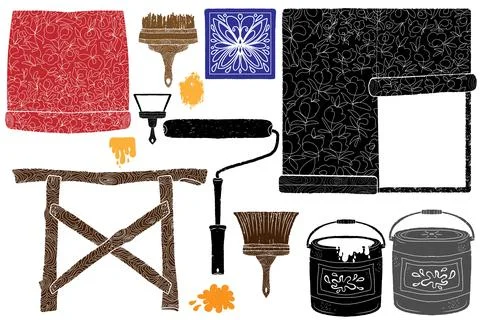 Repair tools, brushes, rollers, paints, tiles, wallpaper, sawhorses. Graphics Illustrazione stock