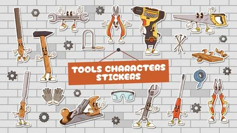 Repair tools groovy characters vector stickers Stock Illustration