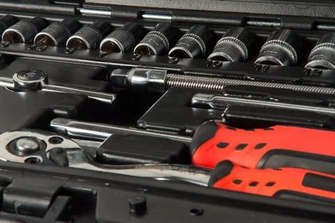 Repair tools in a plastic suitcase, close-up, floating focus Stock Photos
