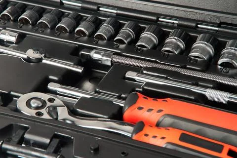 Repair tools in a plastic suitcase, close-up, floating focus Stock Photos