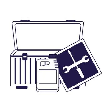 Repair tools sign with empty tools box and oil car bottle, flat design Stock Illustration