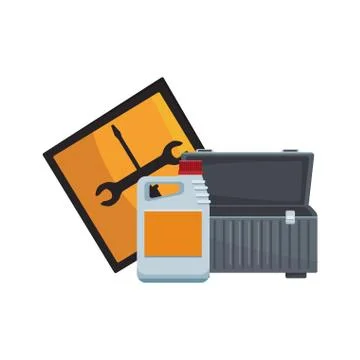 Repair tools sign with empty tools box and oil car bottle Stock Illustration