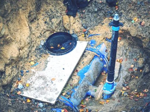 Repair of the underground  broken pipe with replace new Foto stock