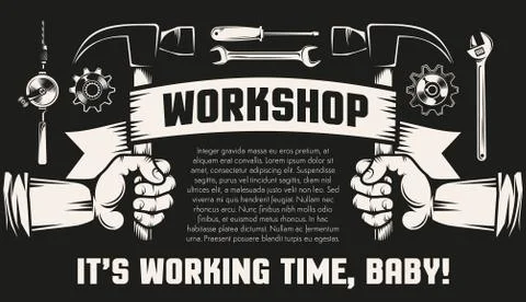 Repair workshop with hands and working tools Stock-Illustration