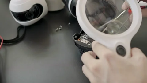 Repairing a wireless CCTV using a magnifying glass to examine the camera lens 스톡 동영상 332695987