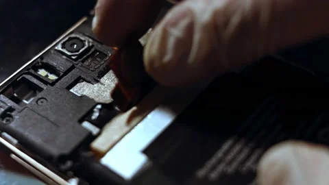 Repairman disassembling smartphone. Technician fixing broken phone, electronics Stock Footage 143166671