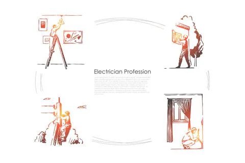 Repairman, engineer changing light bulb, electrical system installation, elec Stock Illustration