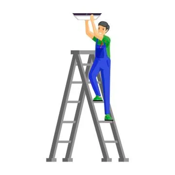 Repairman fitting lamp flat vector illustration. Cheerful male electrician Stock Illustration