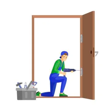 Repairman fixing door flat vector illustration. Professional workman fitting Illustrazione stock