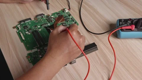 Repairman scene using multimeter to check DC power Follow the different point Stock Footage 219217086