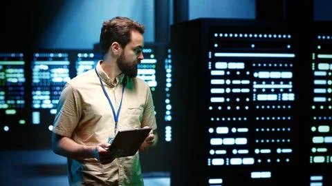 Repairman walking through mainframes Foto stock