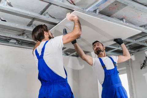 Repairmen are assembling a plasterboard ceiling using a drill Stock-Fotos
