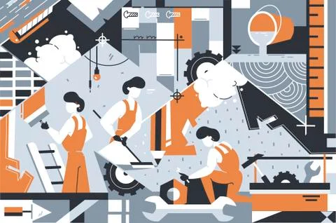 Repairs background of instruments, employee and workshop. Illustrazione stock