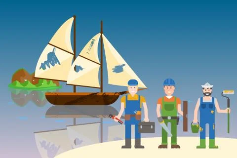 Repairs old ships in bottles, vector illustration. Team character builders in 스톡 일러스트