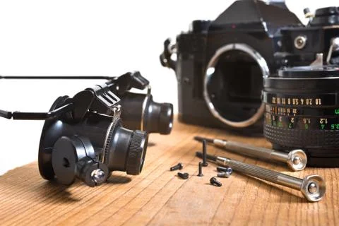 Reparation of old camera Foto stock