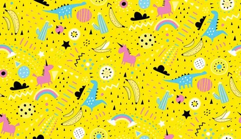 Repeat background with dinosaur unicorn rainbow. Stock Illustration