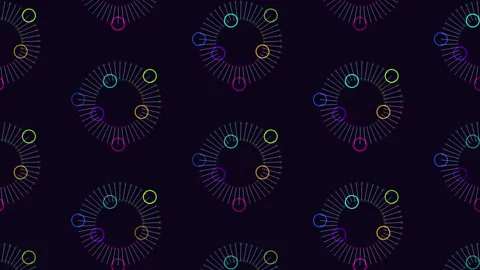 Repeat futuristic circles pattern with rainbow glitters on black gradient Stock Footage 245550638