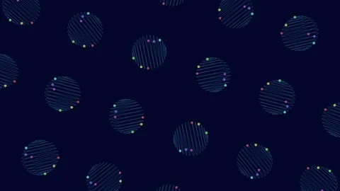 Repeat futuristic spheres pattern in rows with neon motion dots on black Stock Footage 242433195