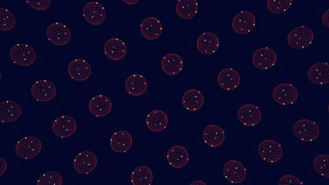 Repeat futuristic spheres pattern in rows with neon motion dots on black Stock Footage 242433966