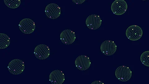 Repeat futuristic spheres pattern in rows with neon motion dots on black Stock Footage 242434096