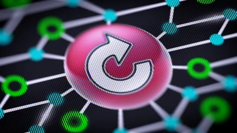 The repeat icon. Circuit board in the screen. Looping footage with codec Prores  Stock Footage 109136969