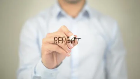 Repeat, man writing on transparent screen Stock Photos