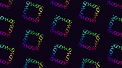 Repeat neon futuristic cubes pattern with rainbow rings on black gradient Video stock 237577675