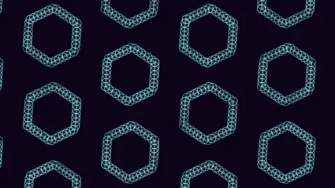 Repeat neon futuristic hexagons pattern with rainbow rings on black gradient Stock Footage 237577037