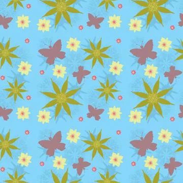 Repeat pattern. Colourful flowers and butterflies on a pale blue background. Illustrazione stock