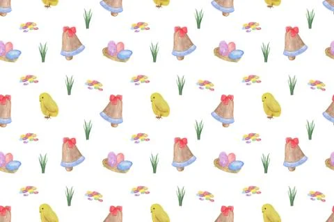 Repeat pattern of cute little yellow chicken, Easter bell, green grass Stock Illustration