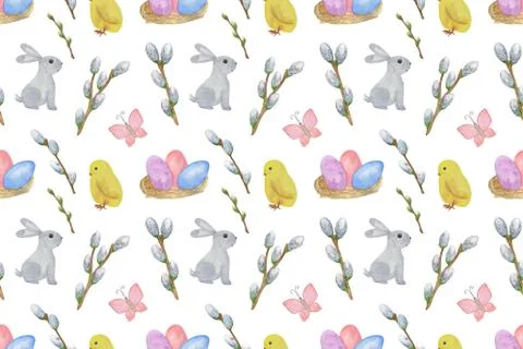 Repeat pattern of cute little yellow chicken, bunny, nest with eggs Illustrazione stock