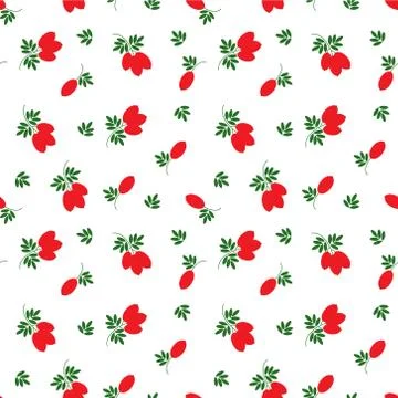 Repeat pattern of fancy red berries and green leaves, vector simple illustration Stock Illustration