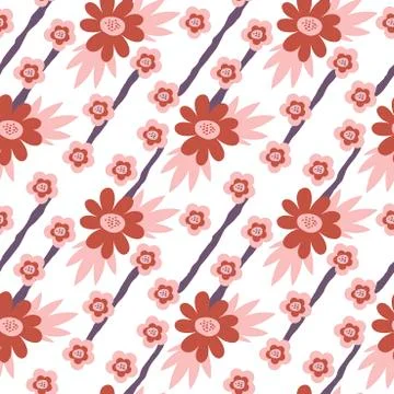 Repeat pattern with flowers in red and pink on white background. Stock Illustration