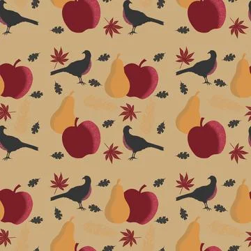 Repeat pattern. Fruit and pheasants. Stock Illustration