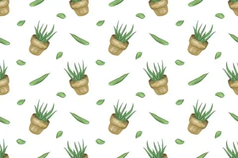 Repeat pattern of a green hand drawn watercolor homeplants 스톡 일러스트