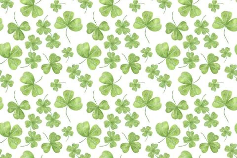 Repeat pattern of hand drawn watercolor green shamrock leaves Stock Illustration