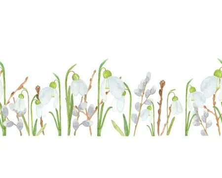 A repeat pattern horizontal border, watercolor illustration of young plants Stock Illustration