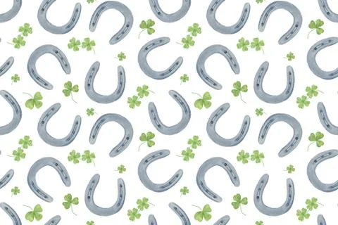 A repeat pattern of horseshoe and shamrock plant leaves 스톡 일러스트