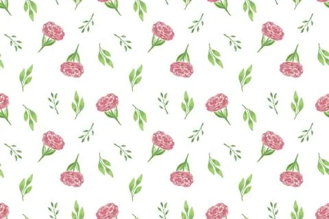 Repeat pattern of loose pink flowers and leaves, watercolor illustration Stock Illustration