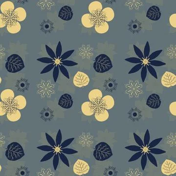 Repeat pattern. Navy blue and pale yellow flowers and leaves. Grey background. Illustrazione stock