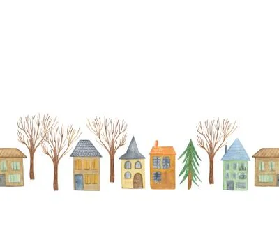 Repeat pattern of simple watercolor houses and trees in a cartoon style Stock Illustration