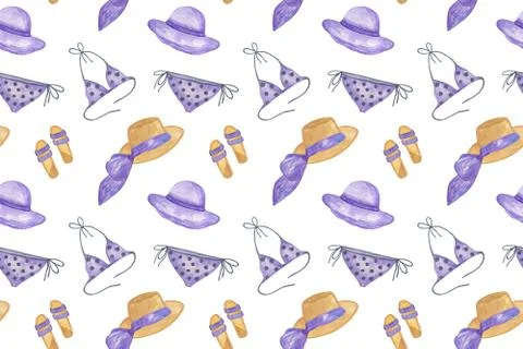 Repeat pattern of summer beach elements in violet colors Stock Illustration